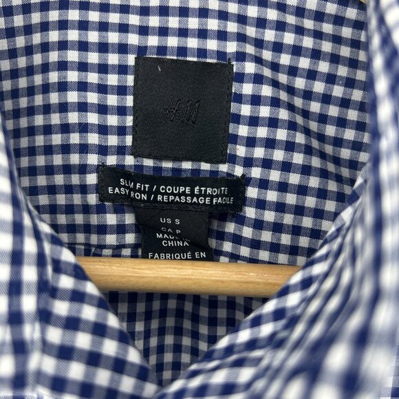 H&M Shirt Men's Small Blue White Check Long Sleeve Slim Fit Collared Button-Up - Picture 3 of 3